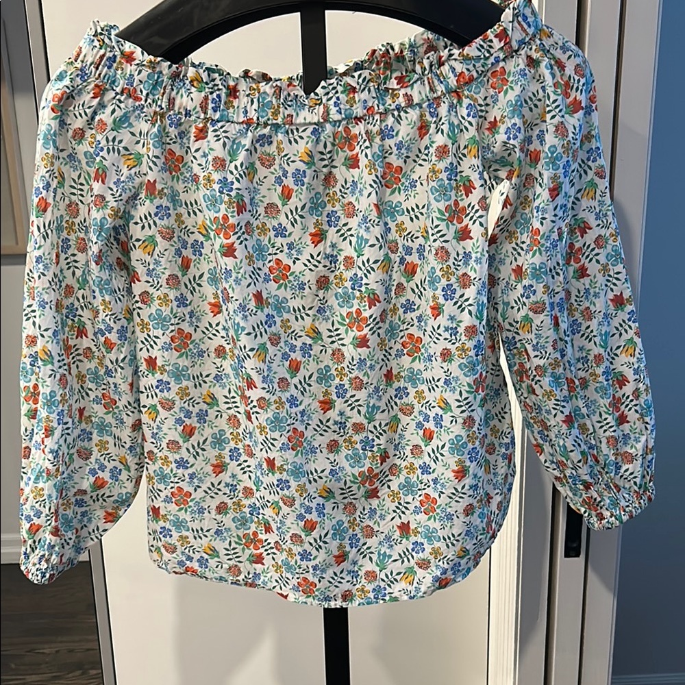 J. Crew White Floral Off-Shoulder Blouse with Blue and Orange Flowers